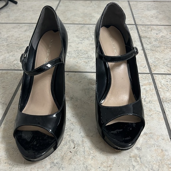 Via Spiga Black Patent Leather Mary Jane Open Toe Platform Heel Size 10